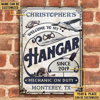 Metal Sign- White Rectangle Pilot Hangar Rectangle Metal Sign Custom Name Year Place - Thegiftio UK