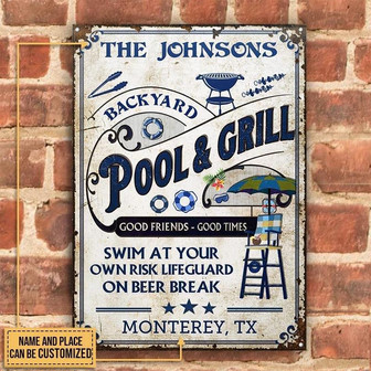 Metal Sign- White Rectangle Pool Grilling Backyard Rectangle Metal Sign Custom Name Place - Thegiftio