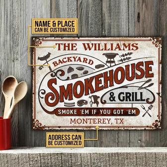 Metal Sign- White Theme Red Text Grilling Smokehouse Rectangle Metal Sign Custom Name Place Address - Thegiftio UK