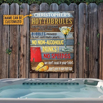 Metal Sign- Wood Background Hot Tub Rules Rectangle Metal Sign Custom Name - Thegiftio UK