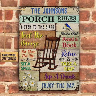 Metal Sign- Wooden Plank Background Porch Rules Rectangle Metal Sign Custom Name - Thegiftio UK