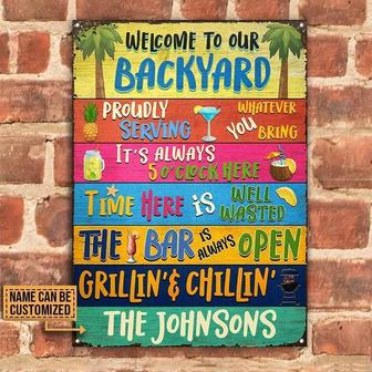 Metal Sign- Backyard Bar Grilling Colorful Plank Rectangle Metal Sign Custom Name - Thegiftio UK