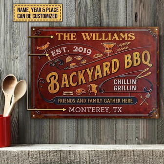 Metal Sign- Backyard BBQ Red Theme Rectangle Metal Sign Custom Name Year Place - Thegiftio UK