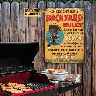 Metal Sign- Yellow Background BBQ Backyard Rectangle Metal Sign Custom Name - Thegiftio UK