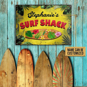 Metal Sign- Yellow Background Leave Border Surfing Surf Shack Rectangle Metal Sign Custom Name - Thegiftio UK