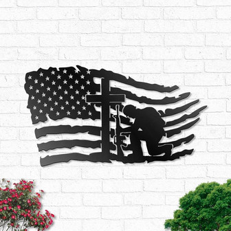 Military Veteran Patriotic American Flag Stand For The Flag And Kneel For The Cross Metal Wall Art, Military Outdoor Home Decor Gift - Thegiftio UK