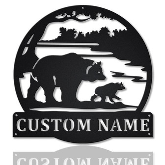 Personalized Bear & Cub Scenic Monogram Metal Sign Art, Custom Bear Cub Scenic Metal Wall Art - Thegiftio