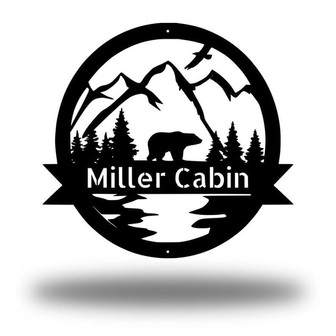 Personalized Bear Metal Sign, Bear In Woods Cabin Sign, Family Name Black Bear Sign, Personalized Bear Sign - Thegiftio