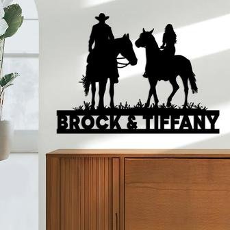 Personalized Couple Horses Cowgirl Cowboy Metal Sign, Western Horseshoe Couple, Riders Mr & Mrs Monogram, Metal Wall Art Decor - Thegiftio UK