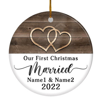 Personalized Our First Christmas Married Rustic Double Hearts Farmhouse For Wedding Newlywed Couple Customized Christmas Tree Ornament - Thegiftio UK