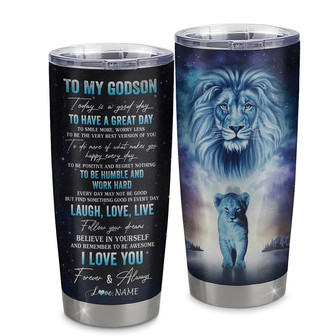 Personalized To My Godson Lion From Godfather Stainless Steel Tumbler Cup Every Day Laugh Love Live Godson Birthday Graduation Christmas Travel Mug - Thegiftio UK