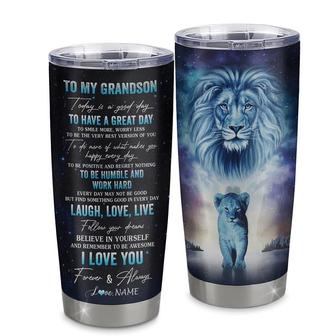 Personalized To My Grandson Lion From Grandpa Papa Stainless Steel Tumbler Cup Every Day Laugh Love Live Grandson Birthday Graduation Christmas Travel Mug - Thegiftio UK