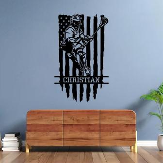 Personalized Lacrosse Player With US Flag Metal Sign, Sport Wall Art With Custom Name For Home Decor, Birthday Gift, Lacrosse Gift - Thegiftio UK