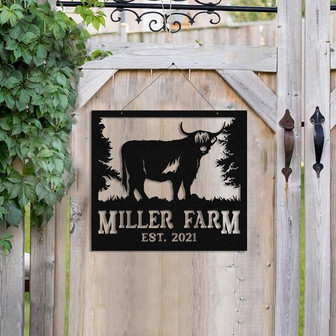 Personalized Metal Farm Sign Highland Cattle Cow Monogram Custom Outdoor Farmhouse Ranch Front Gate Wall Decor Art Gift - Thegiftio