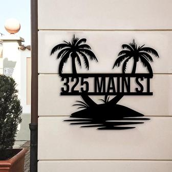 Personalized Palm Tree House Number Address Metal Sign, Custom Tropical Outdoor Sign, Beach House Decor, Pool Lake Sign - Thegiftio UK