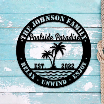 Personalized Poolside Paradise Metal Wall Art, Custom Palm Tree Pool Family Name Metal Sign - Thegiftio UK