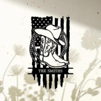 Personalized US Flag Cowboy Boots & Hat Laser Cut Metal Sign, Custom Cowboy Cowgirl Wall Art For Farmhouse, Farm Decor, Cowboy Gift - Thegiftio UK