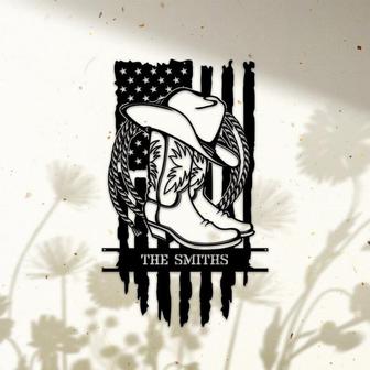 Personalized US Flag Cowboy Boots & Hat Metal Sign, Custom Cowboy Cowgirl Wall Art For Farmhouse, Farm Decor, Cowboy Gift - Thegiftio UK