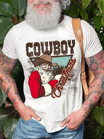 Men's Cowboy Christmas Santa Funny Graphics Print Loose Casual Crew Neck T-shirt - Thegiftio UK