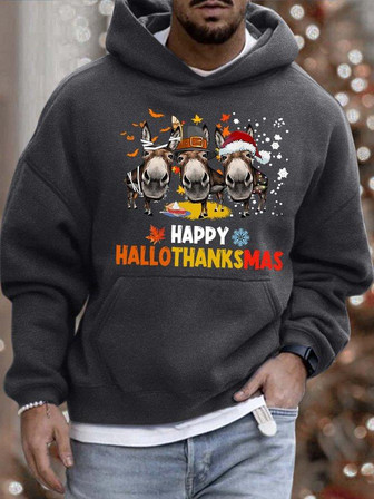 Men’s Happy Hallothanksmas Merry Christmas Donkeys Hoodie Loose Casual Hooded Sweatshirt Men's Hoodie - Thegiftio UK
