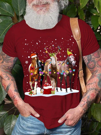 Men's Merry Christmas Horse Funny Graphic Print Crew Neck T-shirt - Thegiftio UK