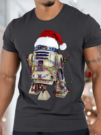 Men's Merry Christmas Robot Funny Graphic Print Crew Neck T-shirt - Thegiftio UK