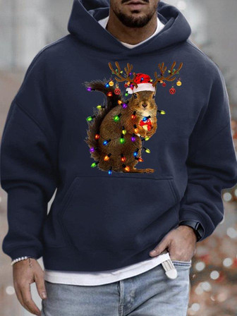 Men's Squirrel Christmas Lights Funny Graphics Print Casual Loose Hooded Sweatshirt Men's Hoodie - Thegiftio UK
