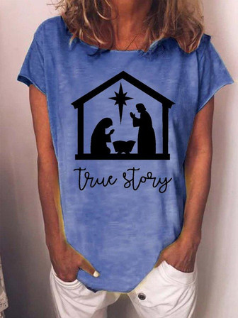 Women's True Story Nativity Of Christmas Jesus Funny Graphic Print -blend Casual Loose T-shirt - Thegiftio UK