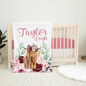 Boho Highland Cow Blanket, Girl Highland Cow Blanket, Personalized Baby Blanket - Thegiftio UK