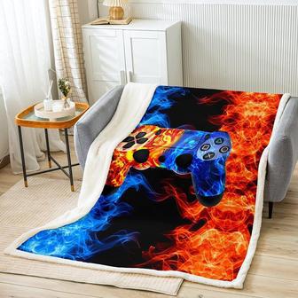 Boys Gamer Room Decor, Smog Wolf Gamepad Throw Blanket ,Boys Video Games Fleece Blanket ,Young Man Misty Fire and Water Gaming Blanket - Thegiftio UK