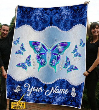 Butterfly Custom Name 3D All Over Printed Blanket Blue Color, Butterfly Lovers Gift Blanket, Gift for Her - Thegiftio UK