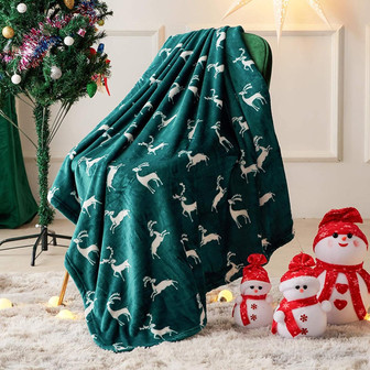 Christmas Home Decor Flannel Fleece Throw Blanket for Couch Sofa with Reindeer Print Green - Thegiftio UK