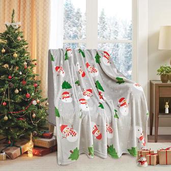 Christmas Throw Blankets Gray Snowman for Couch, Sofa and Bed, Xmas Blanket with Green Tress and White Snowflake Decorative Cozy for Winter - Thegiftio UK