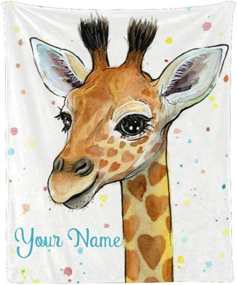 Custom Blanket with Name Text, Personalized Watercolor Giraffe Super Soft Fleece Throw Blanket for Couch Sofa Bed - Thegiftio
