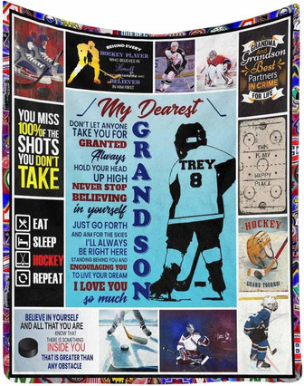 Custom Hockey Blanket to My Dearest Grandson from Grandma & Grandpa, Never Stop Believing in Yourself Lightweight Blanket - Thegiftio UK