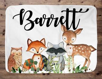 Custom Name Baby Blanket, Forest Animal Baby Gift, Woodland Baby Boy Blanket - Thegiftio UK