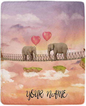Custom Name Throw Blanket, Elephants on a Bridge Personalized Fleece Blanket Ultra-Soft Micro Cozy for Couch Sofa or Bed - Thegiftio