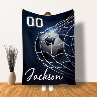 Custom Soccer Ball Net Navy Personalized Name & Number Fleece Blanket, Sports Lover Gifts - Thegiftio
