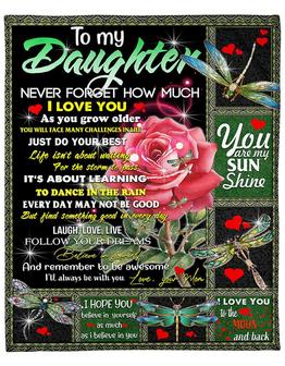 To My Daughter, Dragonfly Never Forget How Much Rose Blanket Gift For Daughter Home Decor Bedding Couch Sofa Soft - Thegiftio UK