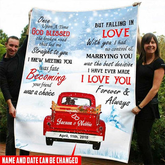 God Blessed The Broken Road Red Truck in Winter Custom Names and Wedding Date Fleece Blanket - Thegiftio
