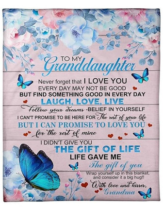 To My Granddaughter, Blue Butterfly On Flower Blanket,Gift for Granddaughter Family Home Decor Bedding Couch Sofa Soft - Thegiftio UK