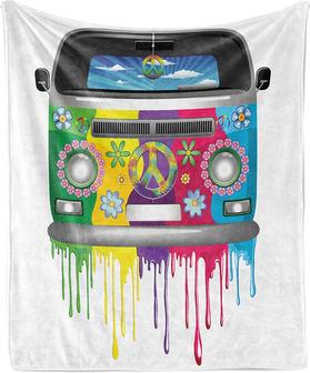 Hippie Van Dripping Rainbow Paint Old Days Pop Culture Vacation Transport Flannel Fleece Throw Blanket - Thegiftio UK