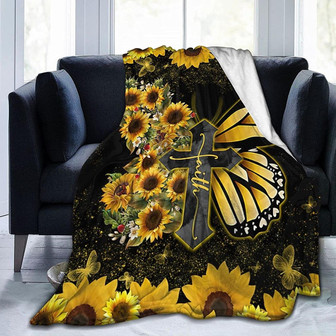 Jesus Cross Faith Butterfly Sunflower Throw Blanket Breathable Flannel Ultra-Soft Blankets for Bed or Sofa Farmhouse Adults Throw - Thegiftio
