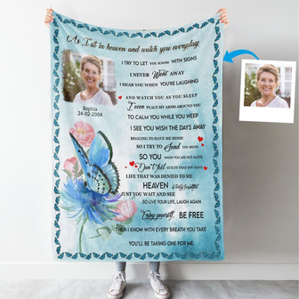 Memorial Blanket - As I Sit In Heaven Blue Butterfly Custom Photo Blanket Memorial - Thegiftio UK