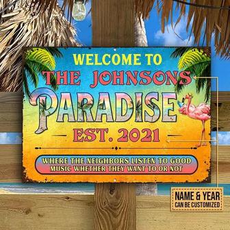 Metal Sign- Attractive Beach House Flamingo Paradise Summer Rectangle Metal Sign Custom Name Year - Thegiftio UK