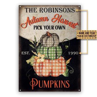 Metal Sign- Autumn Harvest Pumpkins Black Orange Green Plaid Rectangle Metal Sign Custom Name Year - Thegiftio UK