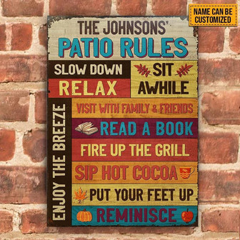 Metal Sign- Autumn Patio Rules Enjoy The Breeze Rectangle Metal Sign Custom Name - Thegiftio
