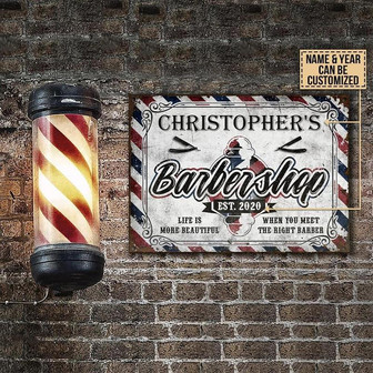 Metal Sign- Barbershop Life Is More Beautiful Rustic Style Rectangle Metal Sign Custom Name Year - Thegiftio UK