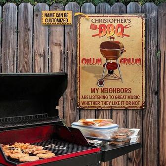 Metal Sign- BBQ Grilling Listening To Great Music Rectangle Metal Sign Custom Name - Thegiftio UK