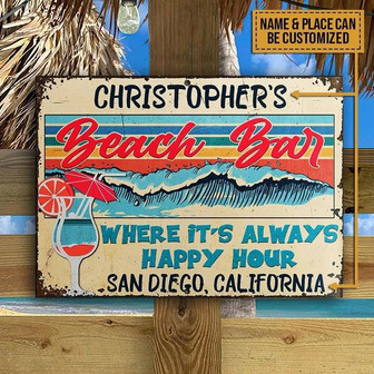 Metal Sign- Beach Bar Happy Hour Colorful Stripes Rectangle Metal Sign Custom Name Place - Thegiftio